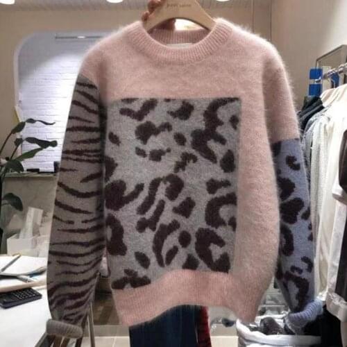 O-Neck Contrast Color Leopard Printed Cashmere Pullovers Long Sleeve Mohair Knit Sweater Crop Tops Sueter Mujer Autumn Winter