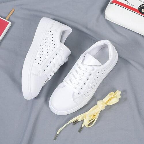 Vulcanized Shoes Women White Sneakers Feminino PU Leather Shoes Ladies Trainers Casual Flats Lace-Up Casual Shoes U20-20