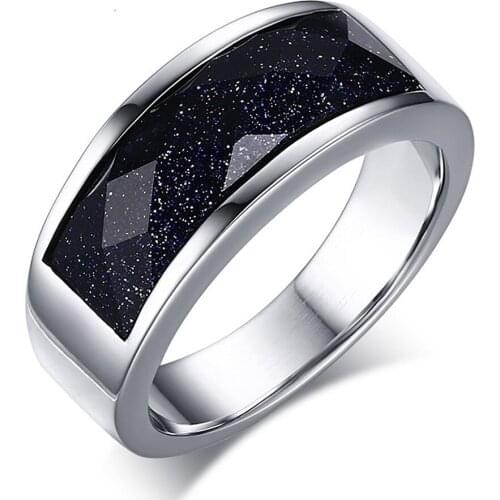 Blue agate gemstones rings for men stainless steel white gold color jewelry bijoux bague fashion party accessory sizes789101112