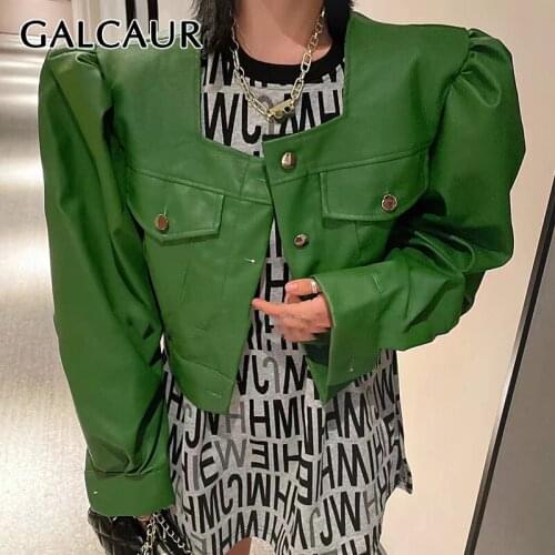 GALCAUR Green PU Leather Jackets Female Clothing Square Collar Long Sleeve Single Breasted Solid Jacket Womens Autumn Clothing