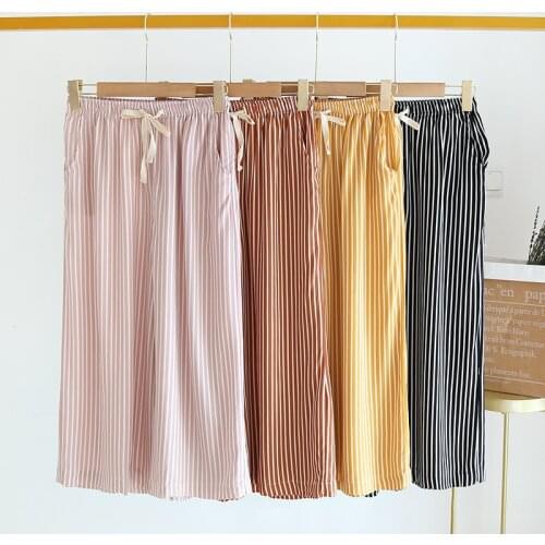 Summer Wide-legged Pants Loose Striped Women Sleep Bottoms Elastic Waist Calf-Length Pants Lounge Sleepwear Loungewear Pajamas