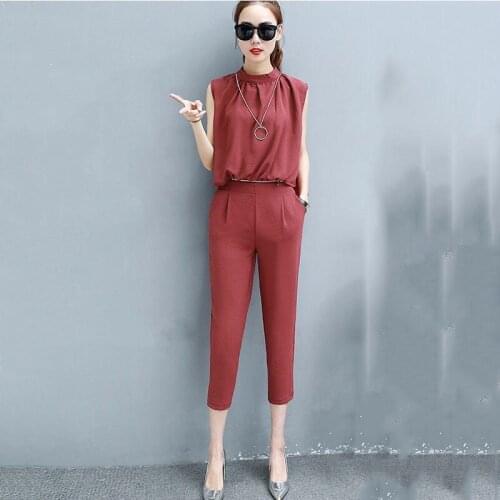 Summer Chiffon Womens Set Fashion Loose Sleeveless Top Women Elegant Office Work Calf-Length Pants Female Two-piece Suit LU1978