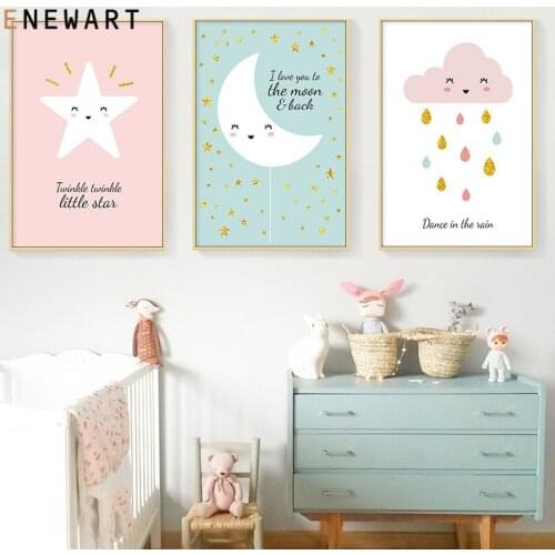 Cartoon Baby Nursery Girl Wall Art Canvas Poster Star Moon Cloud Print Painting Nordic Kid Child Bedroom Decoration Picture