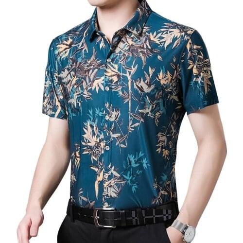 Men Summer Short Sleeve Casual Shirts Multicolor Leaves Print Business Hawaiian Button Down Blouse Cooling Lapel T-shirt