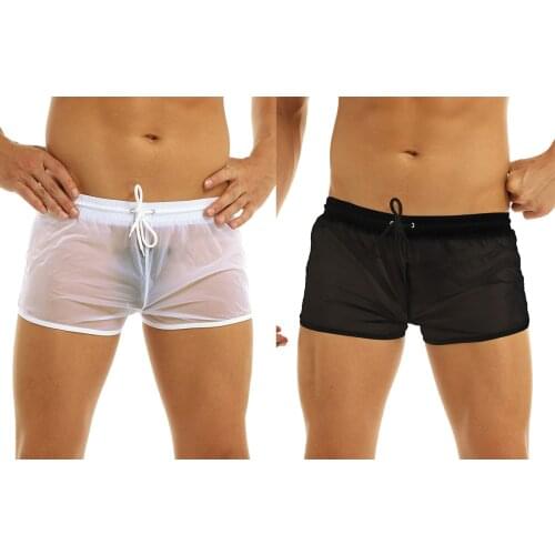 Mens Summer Beach Shorts Soft Sexy See Through Fabric Drawstring Lightweight Boxer Shorts Panties Casual Swimming Wear Shorts