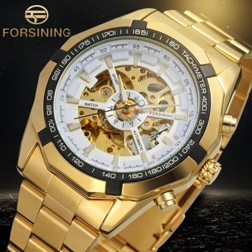 Forsining Brand Automatic Men Watches Stainless Steel Bracelet Skeleton Mechanical Wristwatches with Gift Box