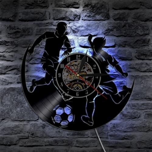 Men Soccer Match Silhouette LED Night Light Vinyl Record Wall Clock With LED Backlight Football Sports Player Wall Watch