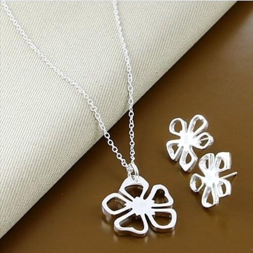 New Style 925 Sterling Silver Five Leaf Flower 18 Inch Chain Necklace Earring Set For WomenS Wedding Engagement Party Jewelry