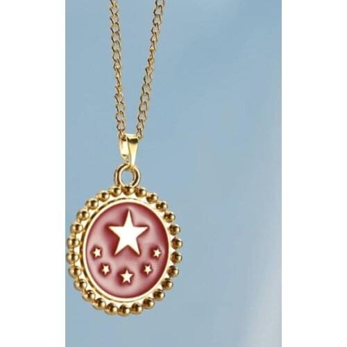 New Red White Black Enamel Star Pattern Gold Coin Necklace For Women