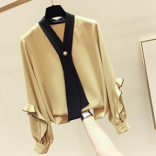 Autumn Chiffon Shirt Women Matching V-Neck 2020 New Long-Sleeved Hedging Fashion Thin Tops Pure Color Korean Blouse