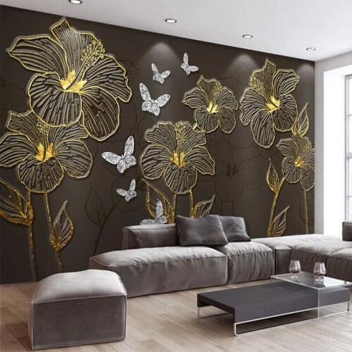 Custom Mural Wallpaper 3D Stereo Golden Relief Line Flower Butterfly Fresco Living Room Bedroom Background Wall Papel De Parede