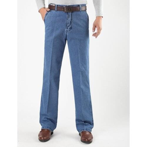 Size 30-45 Men Business Jeans Classic Male Stretch Jeans Plus Size Baggy Straight Men Denim Pants Cotton Blue Work Jeans Men