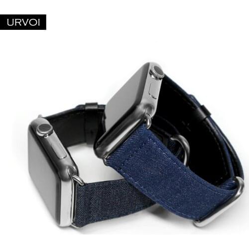URVOI Band for apple watch series 6/SE/5/4/3/2/1 strap for iwatch blue denim jeans leather back band classic buckle 40 44mm