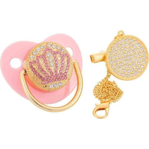 0-18 Months Luxury Baby Pacifier Bling Pink Crown Pacifier with Rhinestones Baby Orthodontic Dummy Soother Nipple Shower Gift