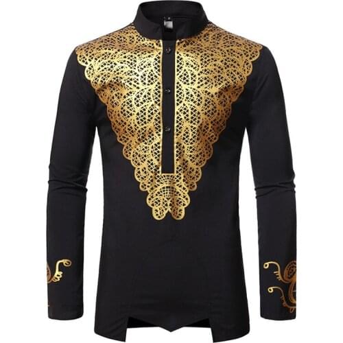 Luxury Metallic African Dashiki Print Button Up Shirt Men Hipster Streetwear African Clothes Men Slim Long Sleeve Chemise Homme