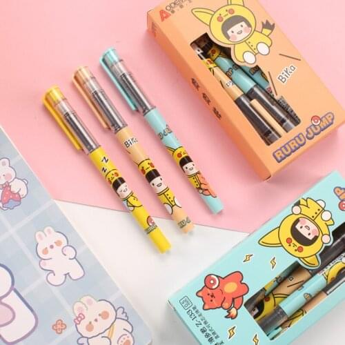 12PC/SET Cute Cartoon Straight Liquid Pen Student Study Gel Pen Hua Duo Jun Large Capacity Carbon Pen 0.5mm Black Signature Pen