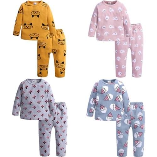 Spring Autumn New Knitted Cotton Homewear Suit Cute Printed 4 Colos 2PCS Girl Boy Long Sleeve Top Trousers Casual Pajama Outfit