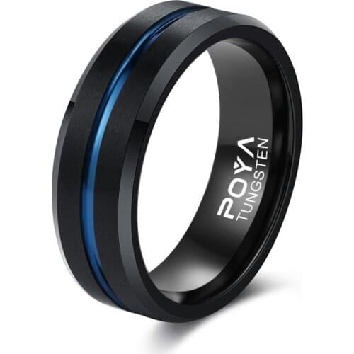 POYA Tungsten Rings Black 8mm Blue Thin Line Wedding Band Beveled Edges Comfort Fit