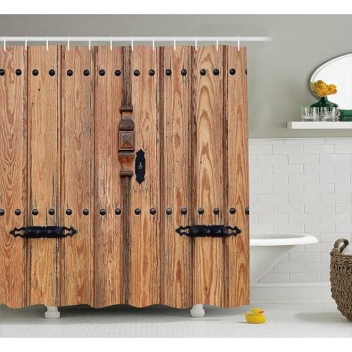 Rustic Shower Curtain Wooden Door with Iron Style Padlock Gate Exit Enclosed Space of Building Wall Decoration Hanging Curtains
