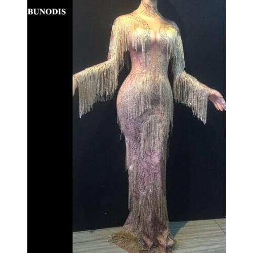ZD44903 Women Sexy Gold Tassel Long Skirt Simple Version Material Spandex Sparkle Crystals Nightclub Birthday Party Costumes