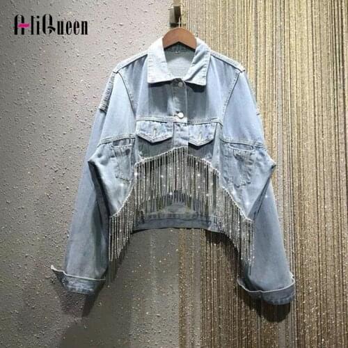 Retro Clothes Patchwork Beading Tassel Denim Jacket Women Vintage Casual Short Coats Streetwear Jeans Jacket Crop Tops Outwear