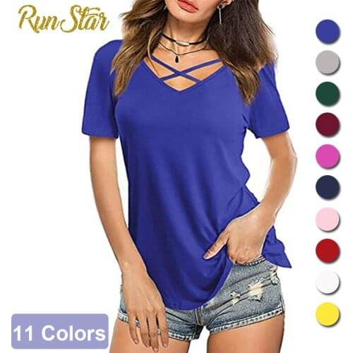 2021 Summer T-Shirt Women Fashion V-Neck Large Size Tees Ladies S-5Xl Solid Color Black Casual Tees Shirt 11 Colors Female Tops