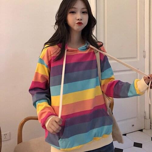 Rainbow Striped Sweatshirt Womens Autumn 2020 Korean Version Loose All-Match Student Early Autumn Hooded Jacket