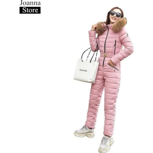 Winter Hooded Fur Collar Jumpsuits Cotton Clothing Women Warm Thick Snow Coat Zipper Parka Suits Female Black Casual Tracksuits