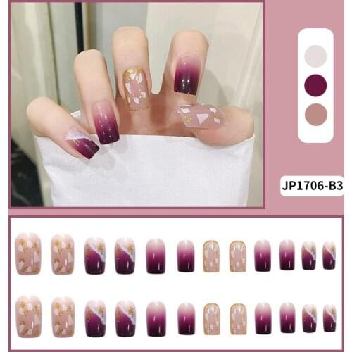 24Pcs/Set Fake Nails Temperament Purple Gradient Gold Foil Designs Wear Manicure Press On Nail Accessories Fashion Manicure