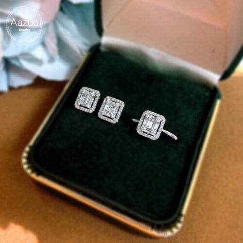 Aazuo 18K Jewelry Set White Gold Real Diamonds Classic Square Ring Earring Gift For Women Engagement Wedding Party Au750