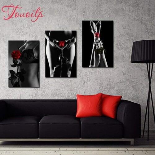 5D DIY Diamond Painting Women Full Square Drill 3pcs"Black White Girl with Red Rose"Embroidery Cross Stitch Mosaic Home Decor