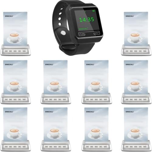 SINGCALL Wireless Restaurant Calling System, 10 Multi-Button Guest Pagers Plus 1 APE6800 Wrist Mobile Receiver