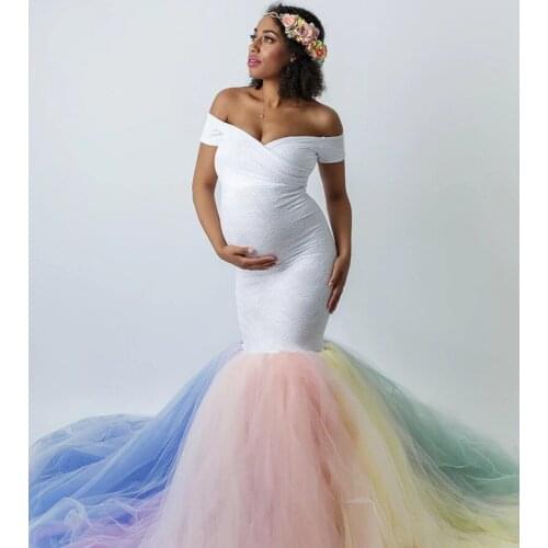 Lace stitching net yarn pregnant women tail short-sleeved one-piece long dress photography tail dress