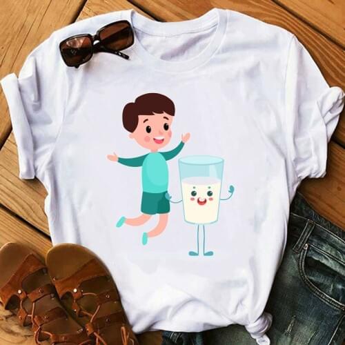 Tshirt Cute little boy and funny milk glass with smiling graphic t shirts women tops t shirt womens clothing aesthetic clothes