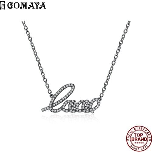 GOMAYA Simple Romantic Style Women Necklace Pave CZ Love Text Design Pendant Necklaces Day Valentine Jewelry Gift To GirlFriend