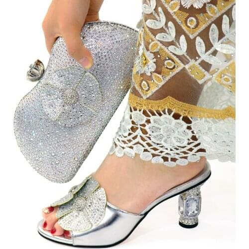 2021 Silver Italian Women Shoes And Handbag Set African Ladies High Heels Sandals Pumps With Clutch Purse Bag CR182 Height 8CM