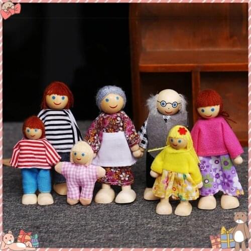 Family Dolls Kids Children Wooden DollHouse Pretend Toys Sets Puppet Flexible Joints Doll Happy Miniature Dressed Accessory Gift