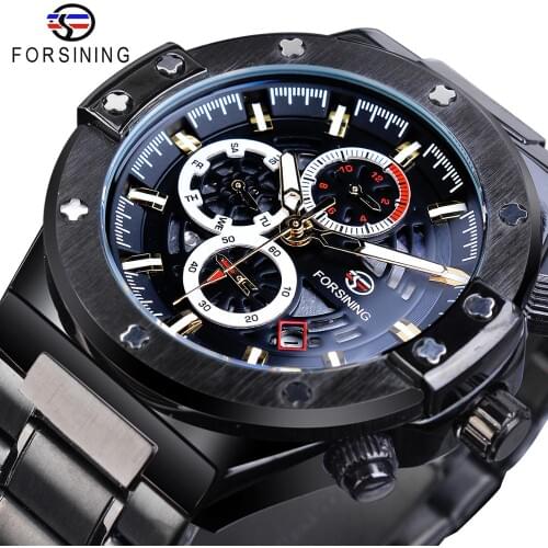 Forsining Racing Men Mechanical Watch Automatic Students Game Run Calendar Male Glow Hands Black Stainless Steel Belt Mans Clock