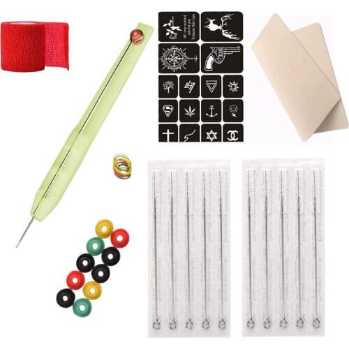 Tattoo Poke Pen Set 10PC Tattoo Hand Needles Hand Poke and Stick DIY Tattoo Tool Kit With Needles Inks Novice Practice Bandages