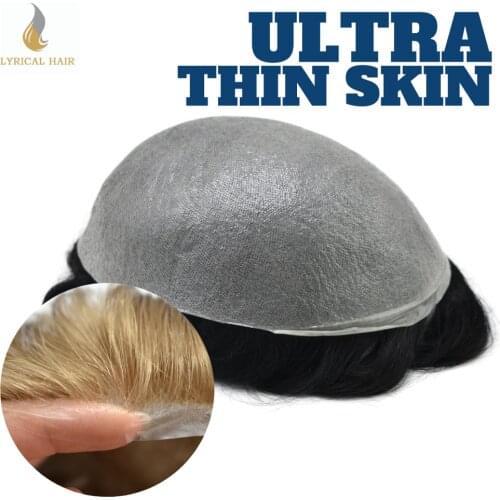 Invisible Ultra Thin Skin Mens Toupee V-Looped Mix Grey Hair Super Transparent Poly Hairpiece Replacement System All Color Wig