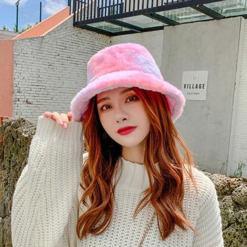 New Pink Faux Fur Bucket Hat Rainbow Tie Dye Soft Warm Fishing Cap Fisherman Winter Outdoor Vacation Gifts For Women Girl