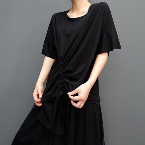 Personalized drawstring short-sleeved t-shirt 2021 summer casual casual irregular jacket Hong Kong style loose lace t-shirt