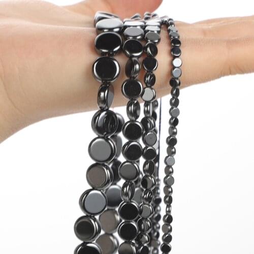 Flat Round Black Hematite Natural Stone Beads Loose Spacer Beads for Jewelry Making Needlework DIY Bracelets Accessories 4-10MM
