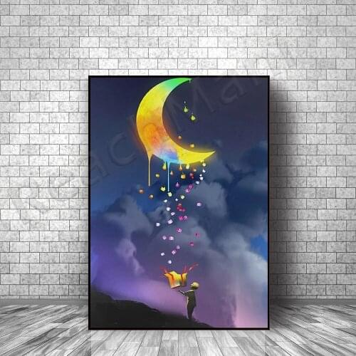 Cute moon gift poster, romantic moon night wall art, gift for wishing boy and moon art prints, special moon prints