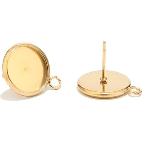 Gold Stainless Steel Stud Earrings Post Blank Base with Loop Include 12mm Fit for Cabochon Settings Tray for DIY Jewelry Making