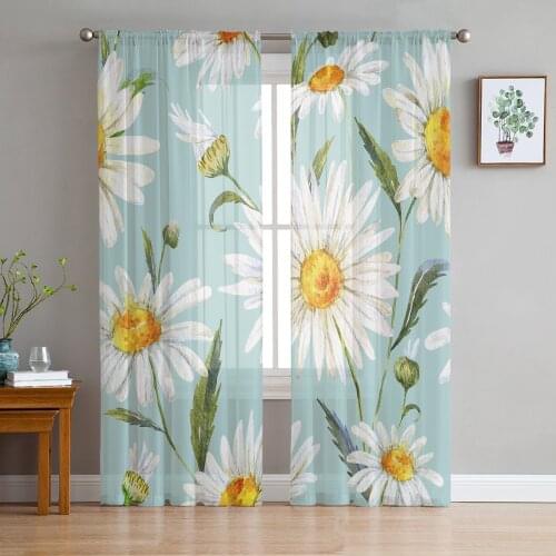 Luxury Sheer Curtains Daisy Watercolor Painting Kitchen Bedroom Living Room Tulle Curtains Study French Window Chiffon Curtains