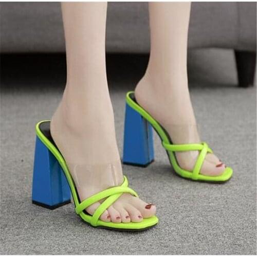 Womens shoes summer snake pattern thick high heel 10cm Square Toe head sandals and slippers PU Slip On waterproof