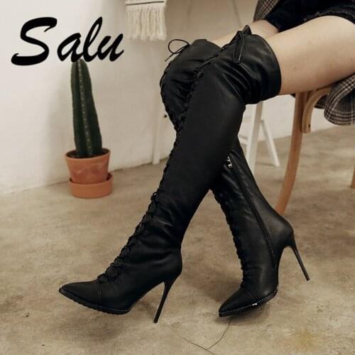Salu Sexy Over The Knee High Boots Woman Leather High Heels Women Boots Autumn Winter Black Blue Party Shoes Woman