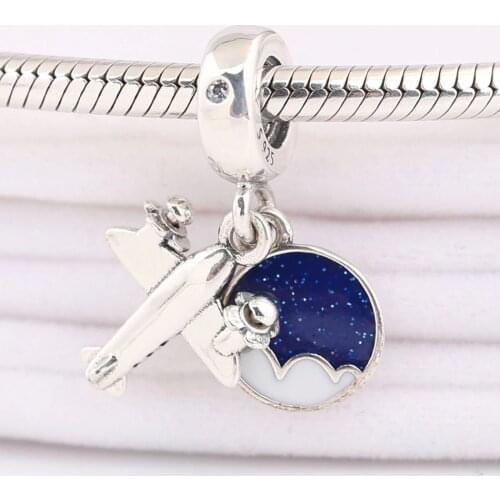 S925 Pendant DIY Jewelry Airplane Dangle Charm fit Lady Bracelet Bangle Blue Enamel Bead