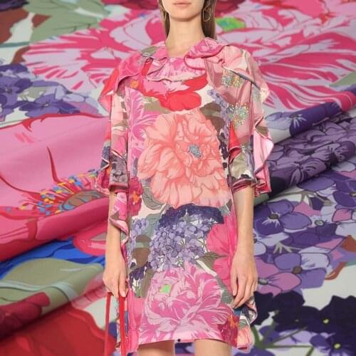 Pink FLOWERS print Emulation silk Crepe DE chine fabric for satin dress ткань для платья ткани tissu african bazin riche getzner